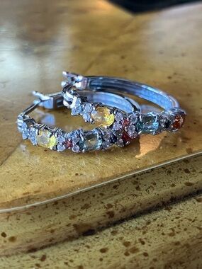 Natural Multi Color Sapphire Sterling Silver Hoop Earrings